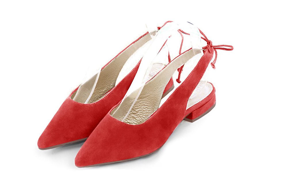 Women's scarlet red elegant slingback heels. Pointed toe. Flat flare heels - Front view